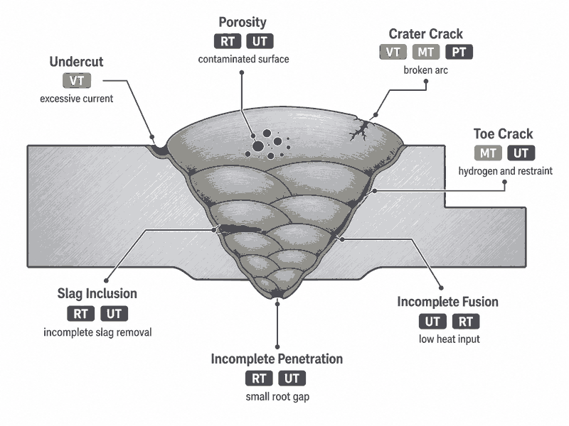 pipeline-welding-defects-types Diagram of common pipeline weld defects including porosity, slag inclusion, incomplete fusion, incomplete penetration, undercut, and cracks, with the NDT method that detects each