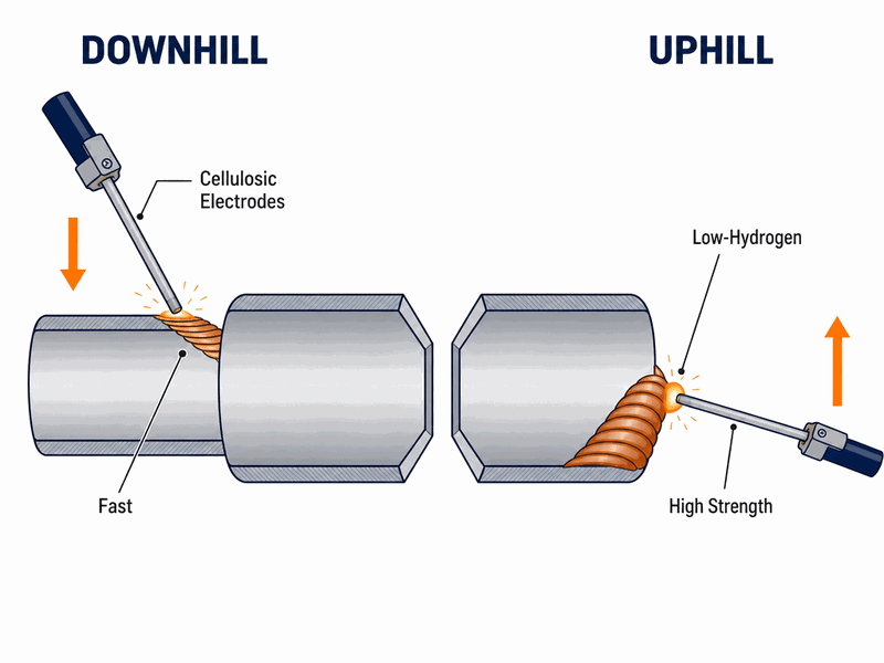 pipeline-welding-downhill-uphill-techniques Comparison of downhill and uphill pipeline welding techniques showing electrode angle, bead profile, and travel direction on a fixed pipe joint