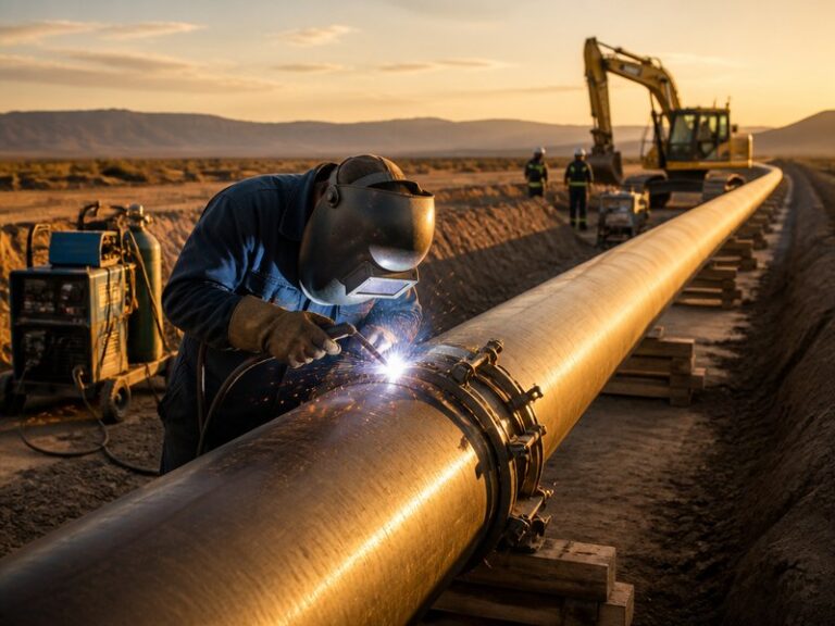 Pipeline welder performing a girth weld on a large-diameter cross-country gas pipeline during construction