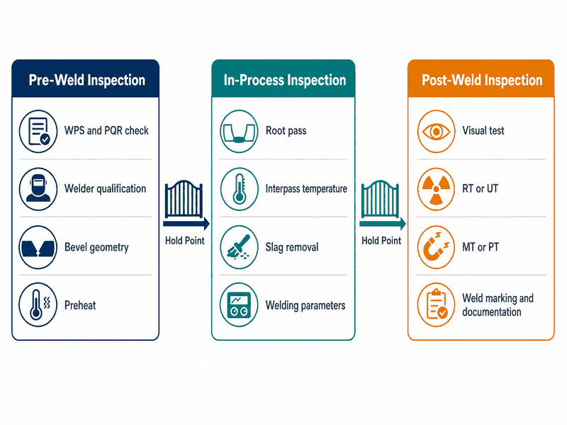 pipeline-welding-inspection-checklist-stages Workflow diagram of the pipeline welding inspection checklist showing three stages: pre-weld inspection, in-process inspection, and post-weld inspection with NDT and documentation