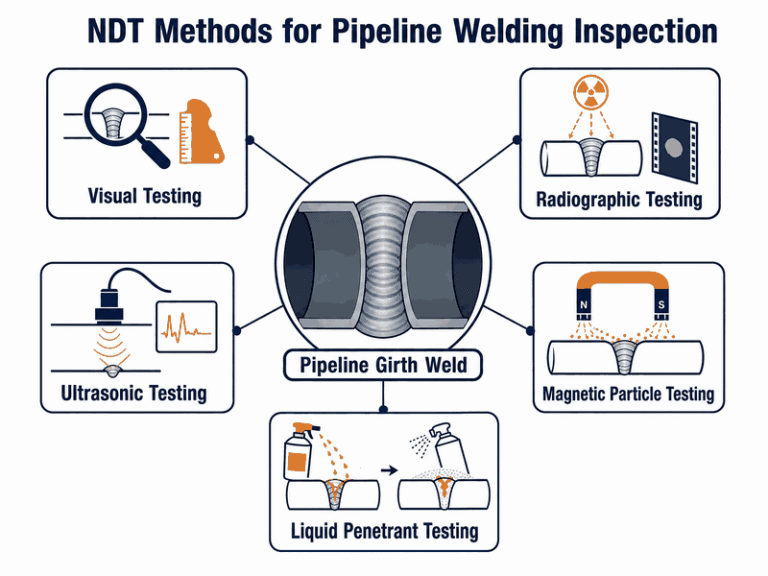 Infographic showing the five core NDT methods used in pipeline welding inspection: visual testing, radiographic testing, ultrasonic testing, magnetic particle testing, and liquid penetrant testing applied to a pipeline girth weld