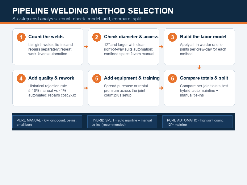 pipeline-welding-method-selection-workflow Decision workflow for choosing manual or automatic pipeline welding: joint count, diameter and access, labor model, rework rate, equipment cost, then hybrid or single method