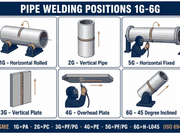 Welding position chart showing pipe positions 1G, 2G, 5G, and 6G with pipe orientation diagrams and the plate positions 3G and 4G