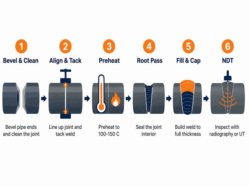 pipeline-welding-process-steps-diagram Step-by-step diagram of the pipeline welding process: joint preparation, alignment, preheat, root pass, fill and cap passes, and non-destructive inspection