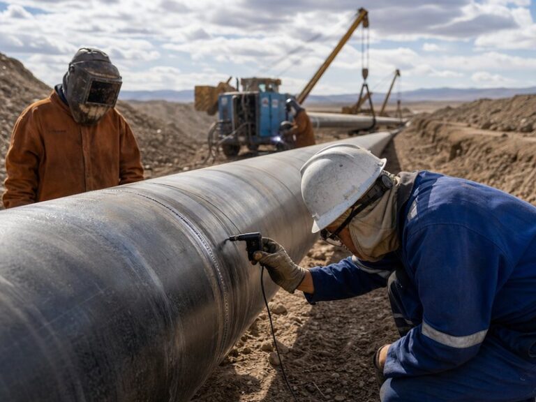 Quality audit of pipeline welding services: a welding engineer inspecting a girth weld on a large-diameter pipeline while the welding crew works on site