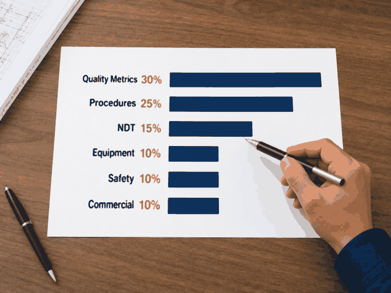 pipeline-welding-services-scorecard-review Pipeline welding services scorecard with quality metrics, welder qualification, and NDT results being reviewed by an engineer at a project meeting