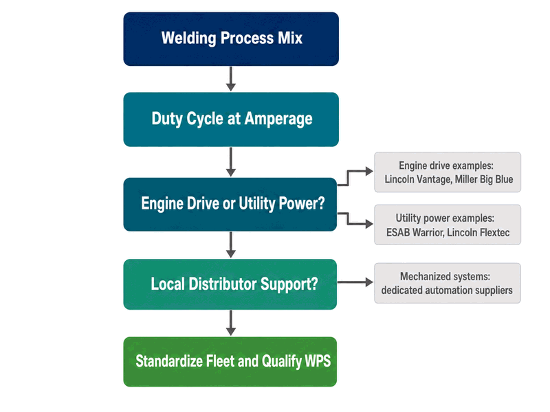 Decision flowchart to select a pipeline welding equipment supplier based on process mix, duty cycle, power source, local support, and fleet standardization