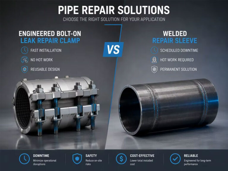 Engineered bolt-on leak repair clamp vs welded repair sleeve comparison chart highlighting differences in installation time, hotwork requirements, reusability, and cost-effectiveness for industrial pipe repair strategies.