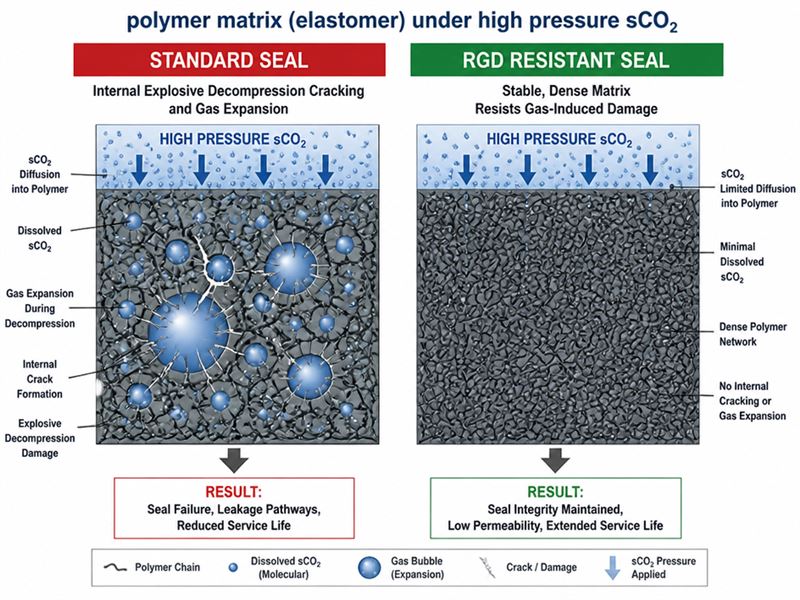 Analysis of seal extrusion and RGD failure in sCO2 high-pressure environments.