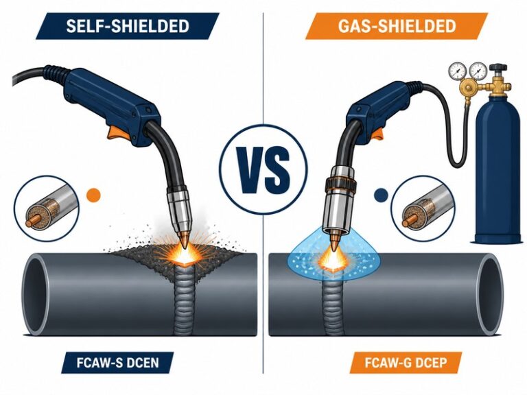 Comparison diagram of self-shielded flux-cored wire and gas-shielded flux-cored wire for pipeline welding, showing the gas cylinder difference and shielding mechanism of each