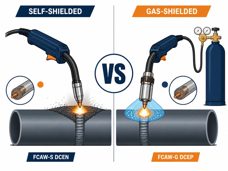 Comparison diagram of self-shielded flux-cored wire and gas-shielded flux-cored wire for pipeline welding, showing the gas cylinder difference and shielding mechanism of each