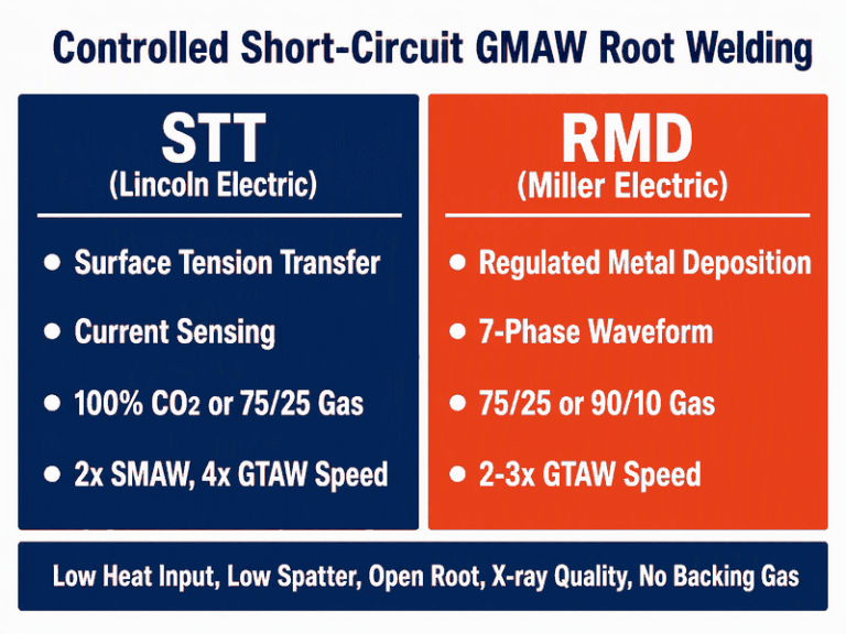 Comparison of STT vs RMD pipeline root welding: both are controlled short-circuit GMAW processes; STT is Lincoln Electric Surface Tension Transfer with current sensing, RMD is Miller Electric Regulated Metal Deposition with a staged waveform