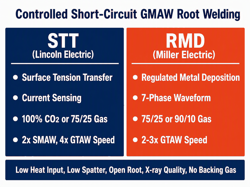 Comparison of STT vs RMD pipeline root welding: both are controlled short-circuit GMAW processes; STT is Lincoln Electric Surface Tension Transfer with current sensing, RMD is Miller Electric Regulated Metal Deposition with a staged waveform