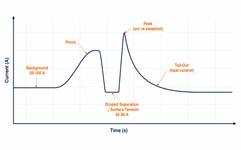 stt-waveform-phases-diagram STT welding waveform diagram showing the phases of one short-circuit cycle: background current 50-100 A, pinch current, current reduction to 45-50 A at droplet separation, peak current, and tail-out ramp