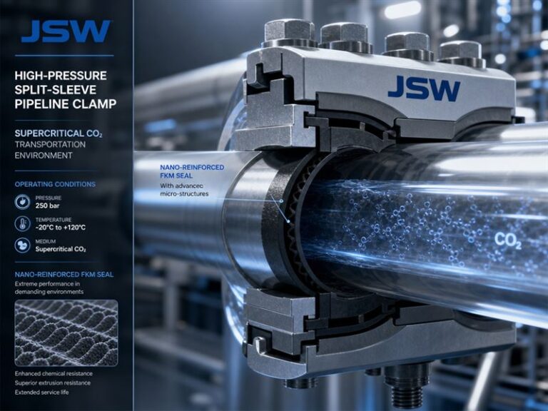 JSW high-pressure clamp with RGD-resistant seals for sCO2 pipeline repair.
