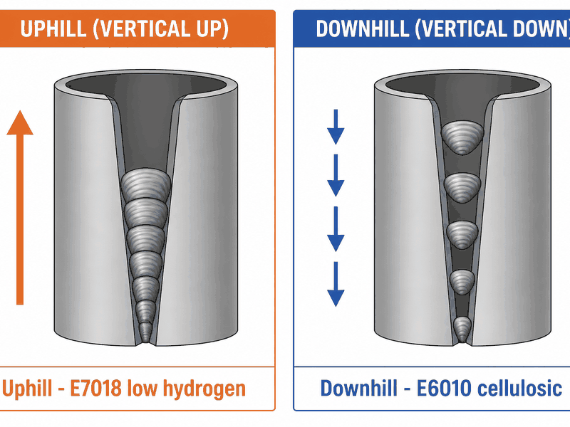 uphill-vs-downhill-pipe-welding-progression Diagram comparing uphill pipe welding progression from the bottom of the pipe with downhill progression from the top, showing electrode angles and bead layering