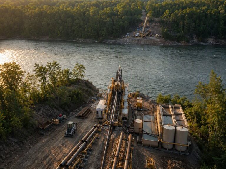 Two large HDD rigs working from steep, wooded riverbanks while a 42-inch steel pipeline crosses beneath the Coosa River, aerial construction view