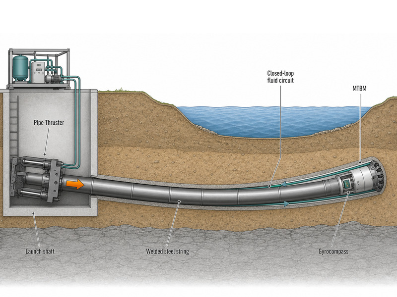 Direct Pipe cross-section: microtunnel machine, closed-loop fluid circuit and Pipe Thruster pushing a welded steel string