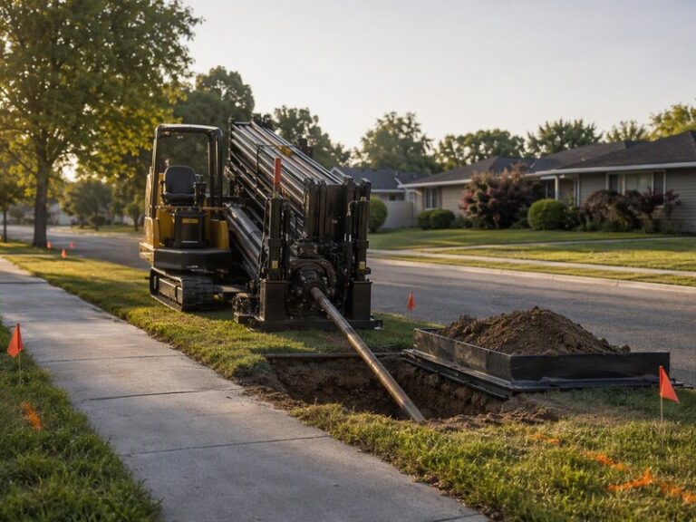 Directional drilling rig installing a utility line beneath a suburban street, with entry and exit pits marked and spoil contained at the entry side