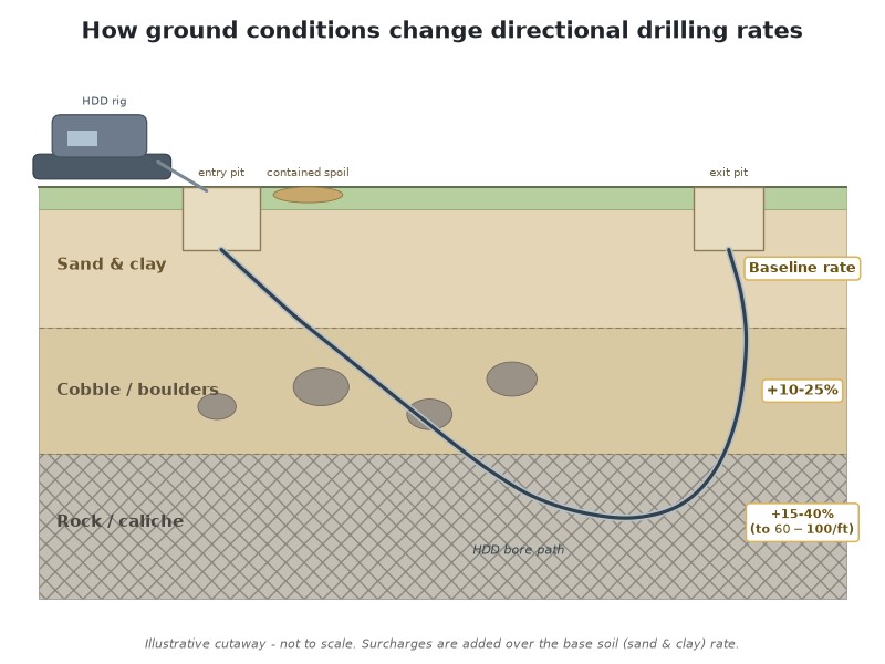 Cutaway diagram of a bore path through clay, cobble and rock layers with rate surcharge labels under each soil condition