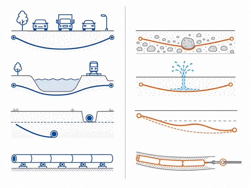 Comparison graphic of HDD advantages and disadvantages showing surface disruption, depth of cover, crossing capability and geotechnical risk side by side