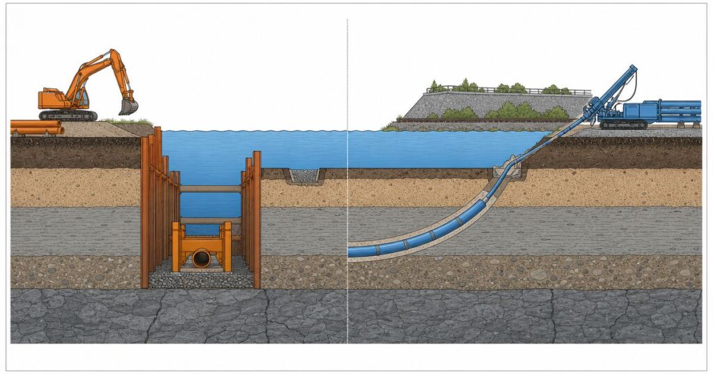HDD advantages and disadvantages in one cross-section: an HDD rig pulling a pipeline beneath a river with no open trench, beside an open-cut trench crossing the same river