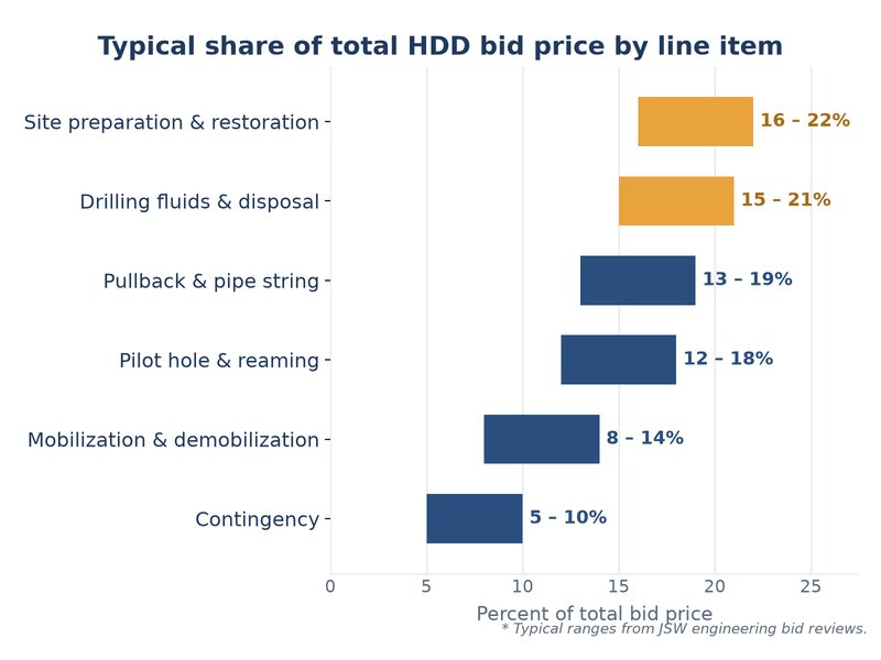 Bar chart ranking the main line items in a horizontal directional drilling contractor bid by their typical share of total price