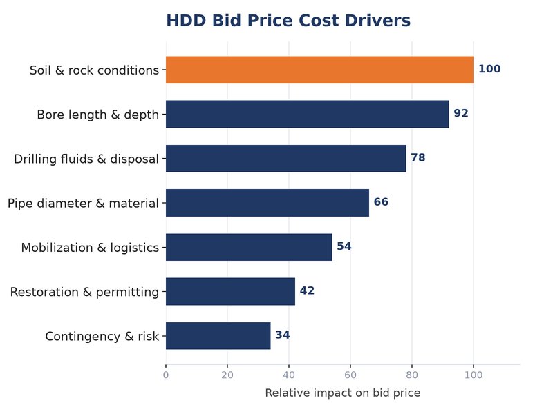 hdd-contractor-cost-factors Bar chart ranking HDD contractor cost factors by relative impact on bid price
