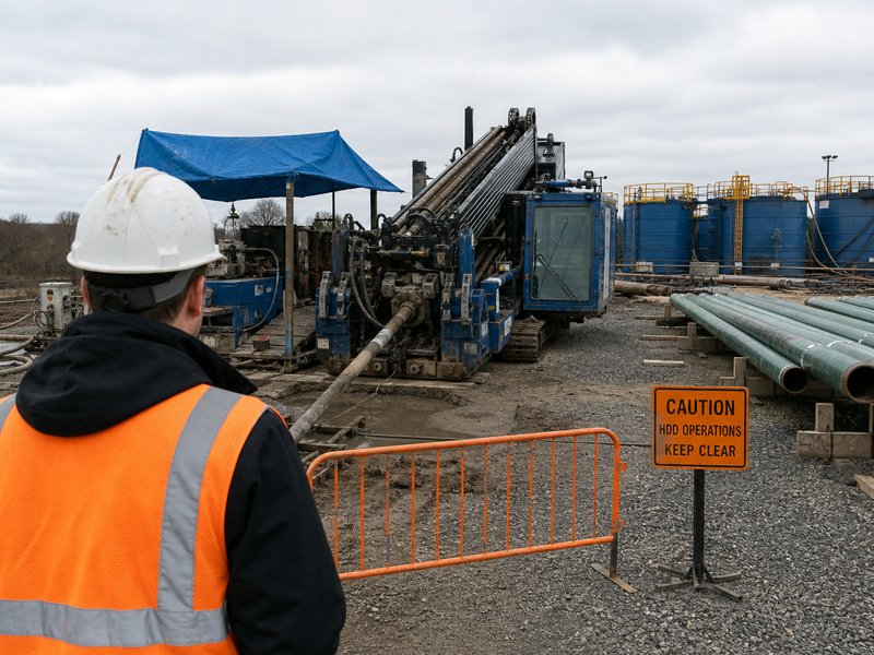 Engineer auditing an active HDD jobsite, observing the drill rig, mud recycling tanks, pipe laydown and safety signage