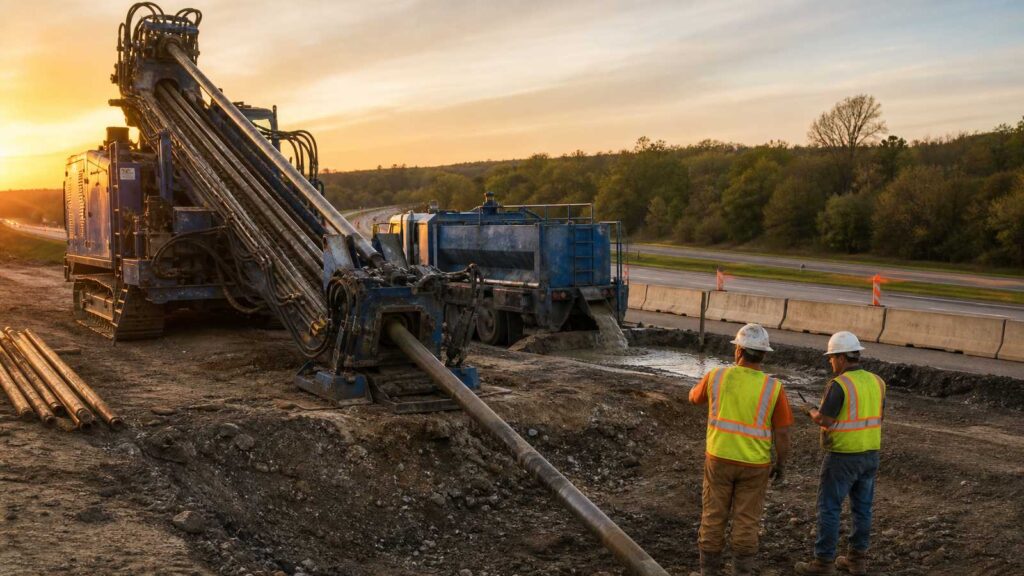 Horizontal directional drilling rig and crew installing a pipeline under a highway crossing at dusk