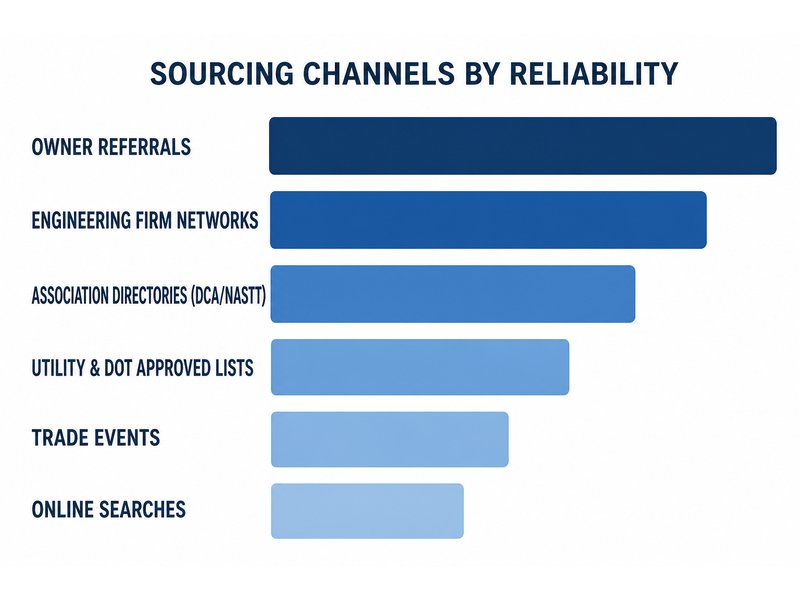 Chart ranking contractor sourcing channels for a horizontal directional drilling project, from owner referrals and engineering firm networks down to general online searches