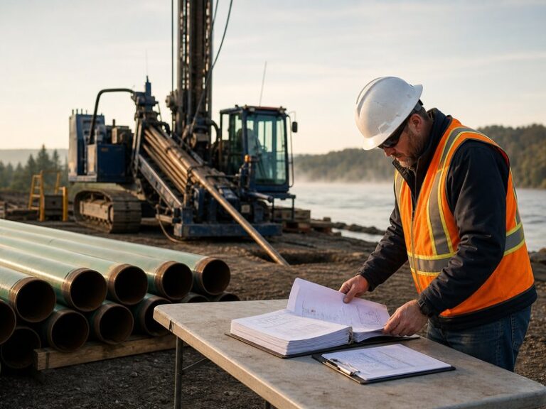 Engineer vetting an HDD contractor's bid documents beside a horizontal directional drilling rig on a pipeline right-of-way
