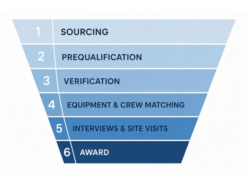 Horizontal directional drilling vetting funnel showing the stages from candidate sourcing, prequalification and verification through interviews, site visits and final award