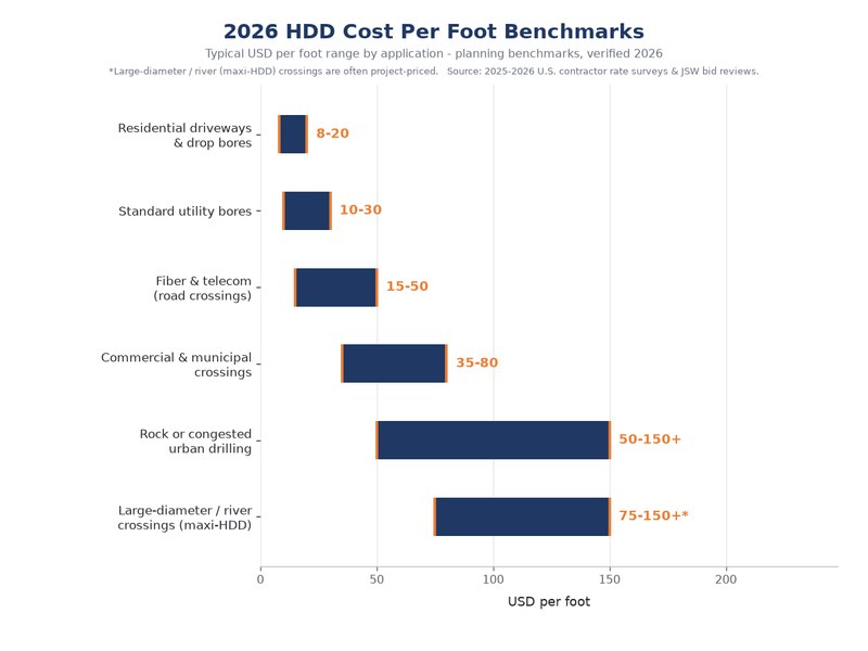 Bar chart comparing 2026 HDD cost per foot ranges by application from USD 8 to USD 150 per foot