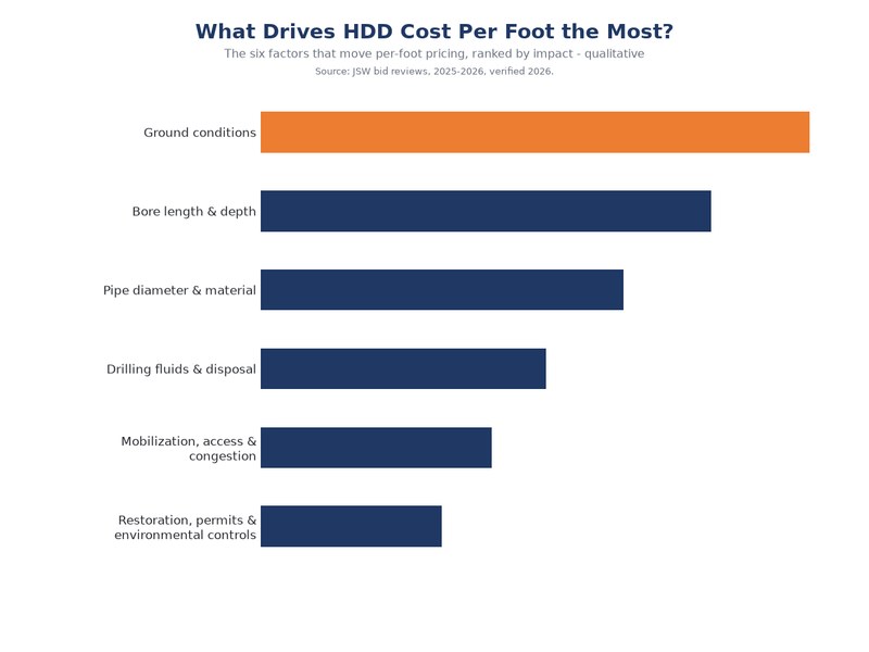 Ranked bar chart of HDD cost drivers showing ground conditions, bore length and depth, pipe diameter, drilling fluids, mobilization and restoration