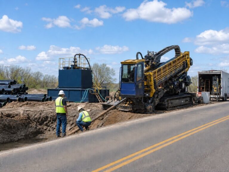 Horizontal directional drilling rig installing a buried utility line beside a road in 2026, crew in high-visibility vests coordinating the bore