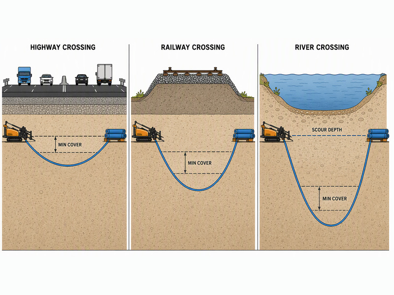 Diagram of three HDD crossing types side by side: under a highway, beneath a railway embankment and below a riverbed, each showing cover depth and bore path