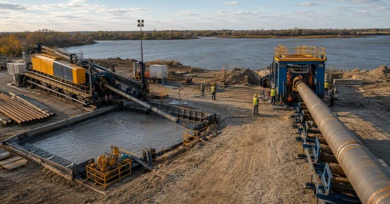HDD drill rig and Direct Pipe thrusting spread on a pipeline crossing site, illustrating the equipment capabilities contractors offer pipeline owners
