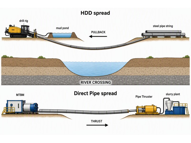 Comparison of an HDD spread with drill rig, reamer and pullback equipment versus a Direct Pipe spread with MTBM, Pipe Thruster and slurry plant