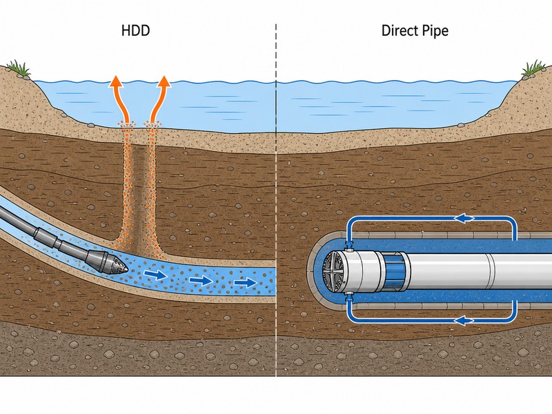 Cross-section schematic comparing HDD open-bore pressurized drilling fluid with Direct Pipe closed-loop near-hydrostatic fluid pressure at a shallow waterway crossing