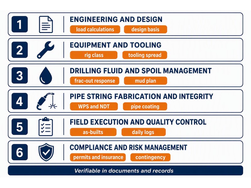 Six-layer diagram of contractor capabilities for HDD and Direct Pipe crossings: engineering, equipment, fluids, pipe fabrication, execution and compliance