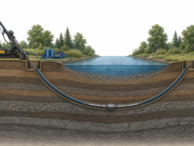 Cross-section of a horizontal directional drilling bore below a river bed, with drilling fluid returned to a recycling unit