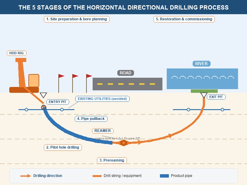 Cross-section diagram of the horizontal directional drilling process showing the five stages from entry pit to exit pit beneath a road and river crossing
