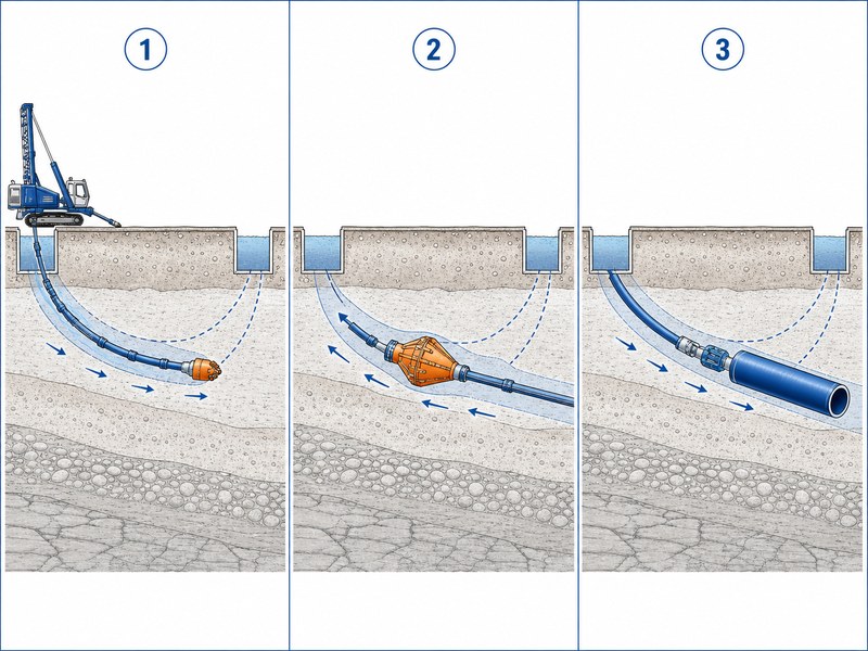 Three-stage horizontal directional drilling process showing pilot bore, reaming, and pipe pullback