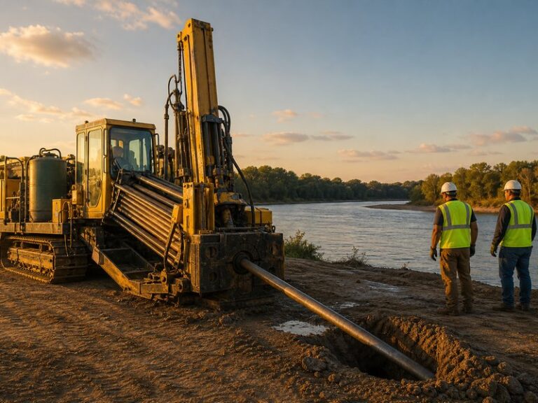 Horizontal directional drilling rig working on a river crossing with drill pipe entering the ground at a shallow angle