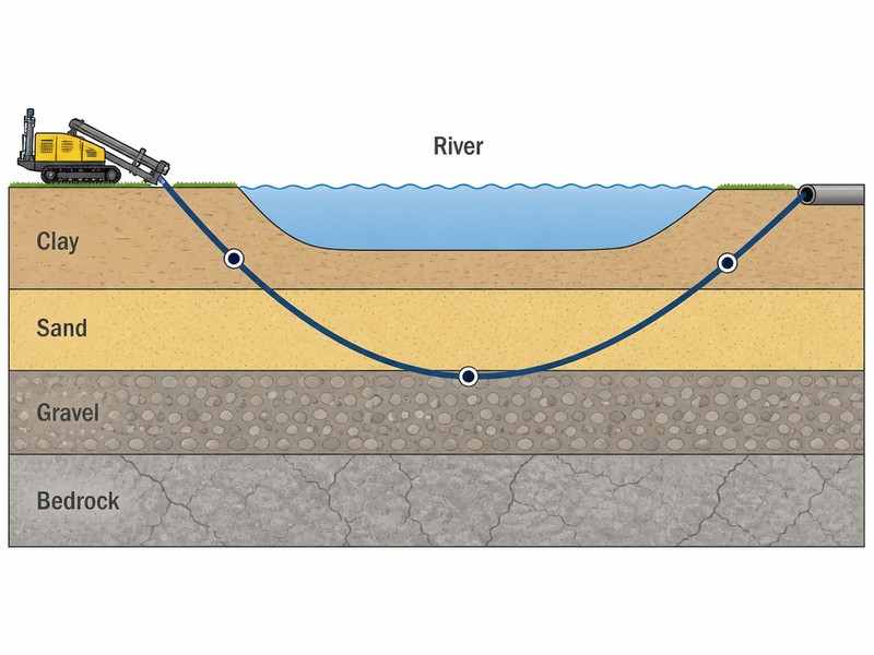 Cross-section of an HDD bore path passing through layered clay, sand, gravel and bedrock beneath a river crossing