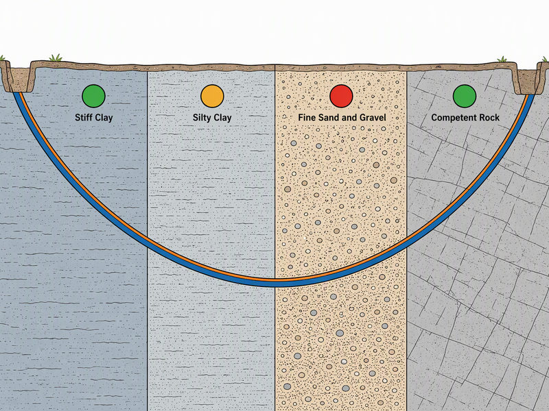 Cross-section of an HDD bore path passing through clay, sand, gravel and rock layers with suitability indicators for each stratum