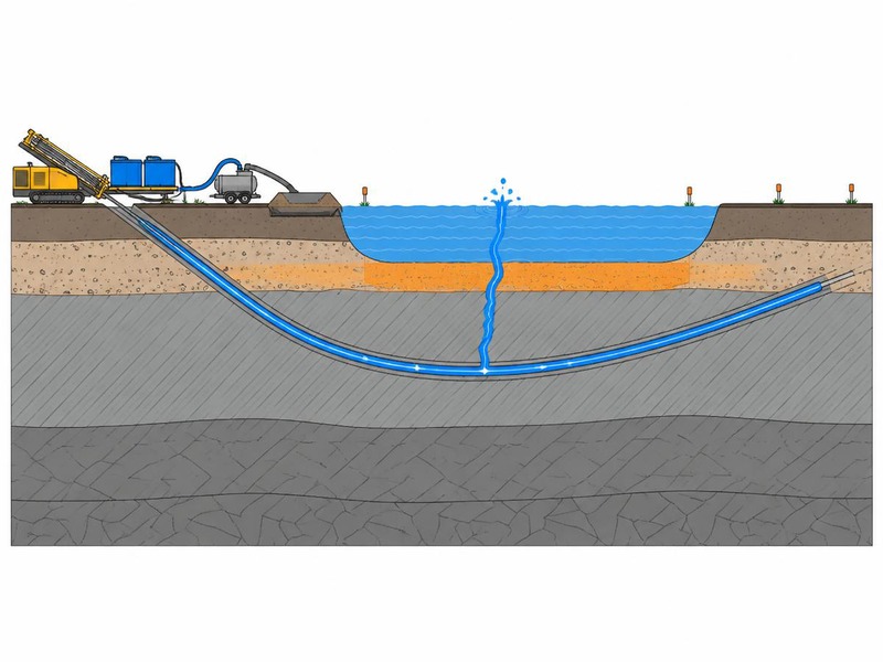 Cross-section diagram of an HDD bore showing drilling fluid escaping along a fracture path to the surface and into a river as an inadvertent return