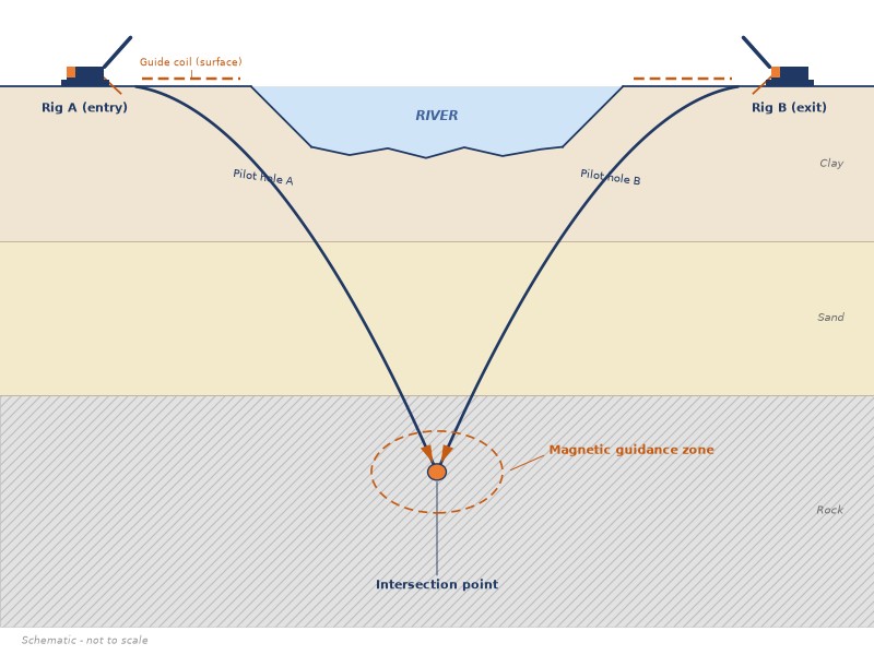 Schematic of the HDD intersect method with two rigs drilling pilot holes from opposite banks to meet below a riverbed