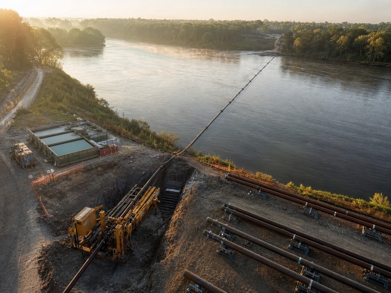 Horizontal directional drilling rig at an entry pit preparing a long pipe pullback across a wide river, aerial engineering view